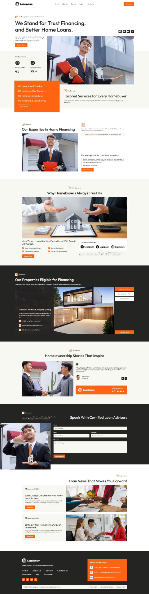 Odet WordPress mortgage broker template homepage with a broker in a suit, service cards, property listings and testimonials