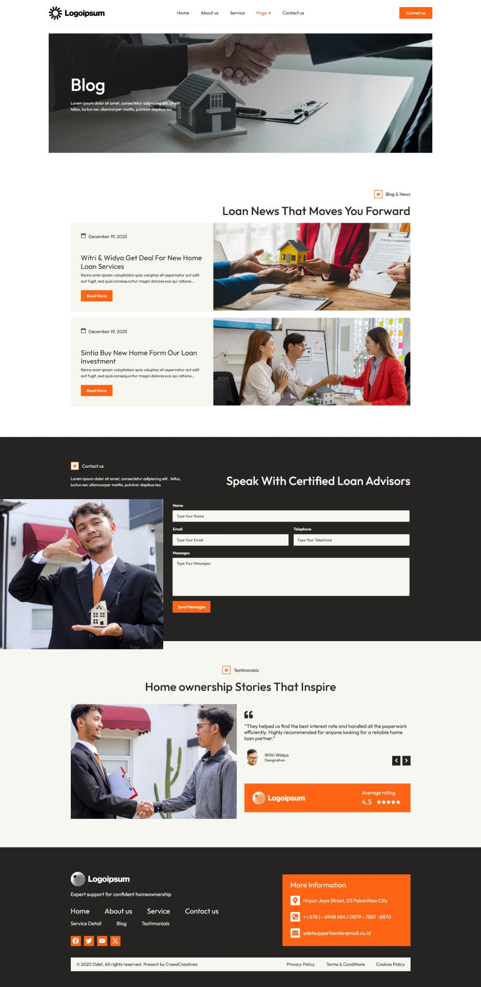 Odet WordPress template blog page with article cards, an enquiry form and testimonials