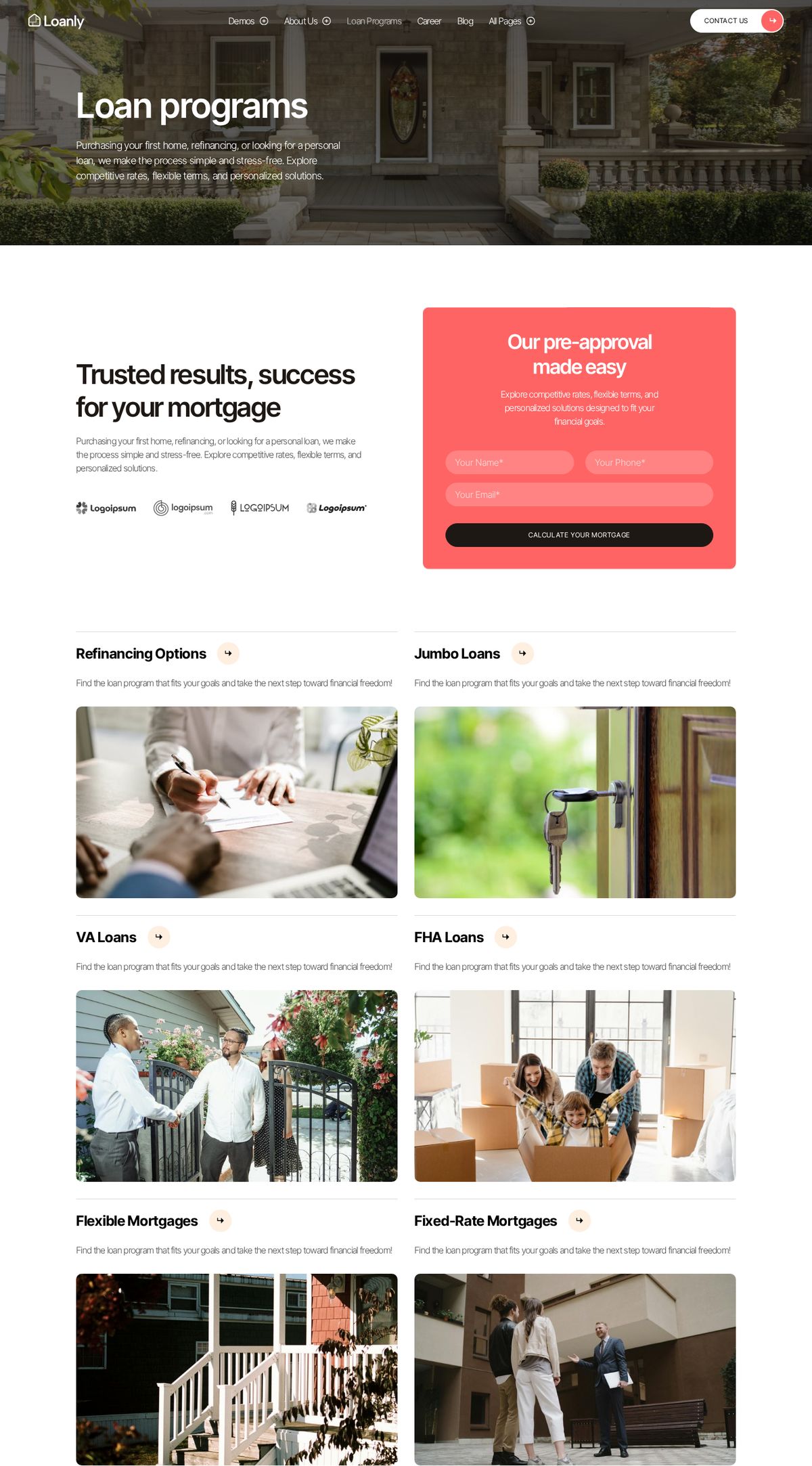 Loanly loan programs landing page showing a pre-approval form and a grid of loan types with photography
