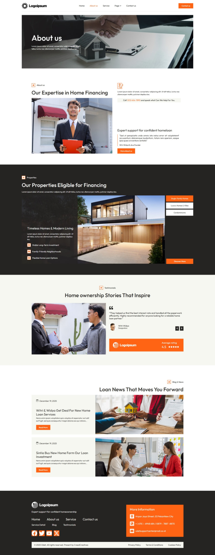 Odet WordPress template About Us page with expertise section, property listings, testimonials and blog posts