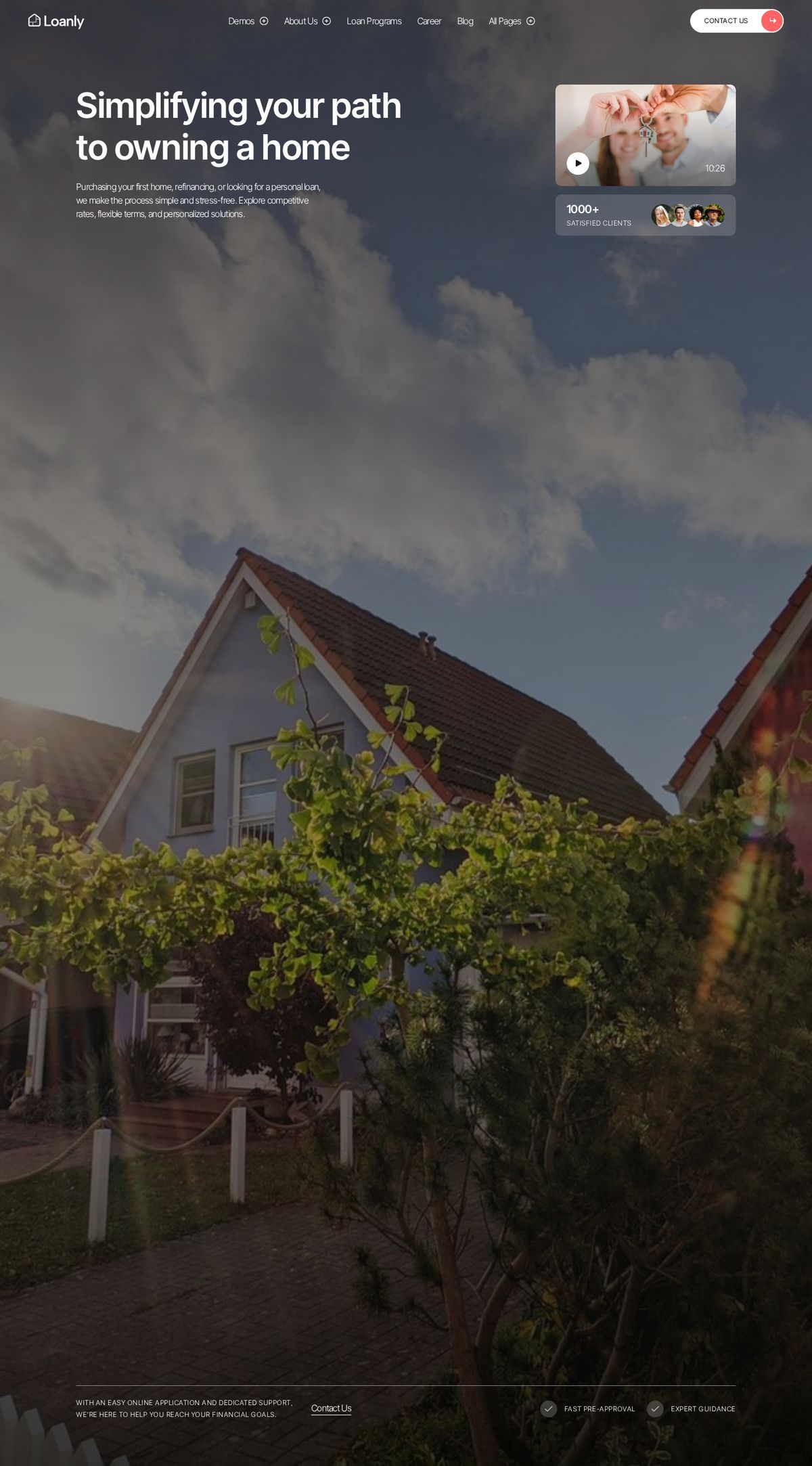 Loanly Webflow template homepage with a large hero image of houses and a mortgage enquiry prompt