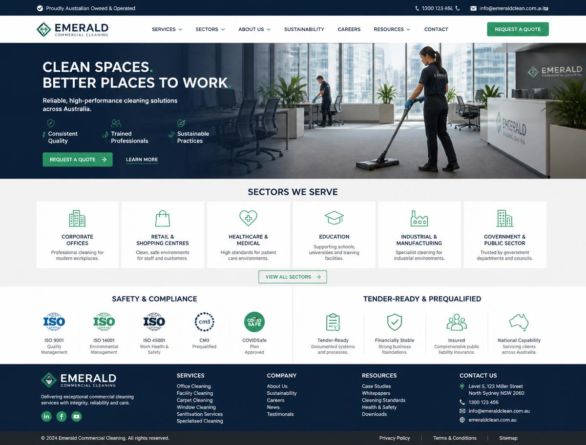 Design concept homepage for an Australian commercial cleaning website