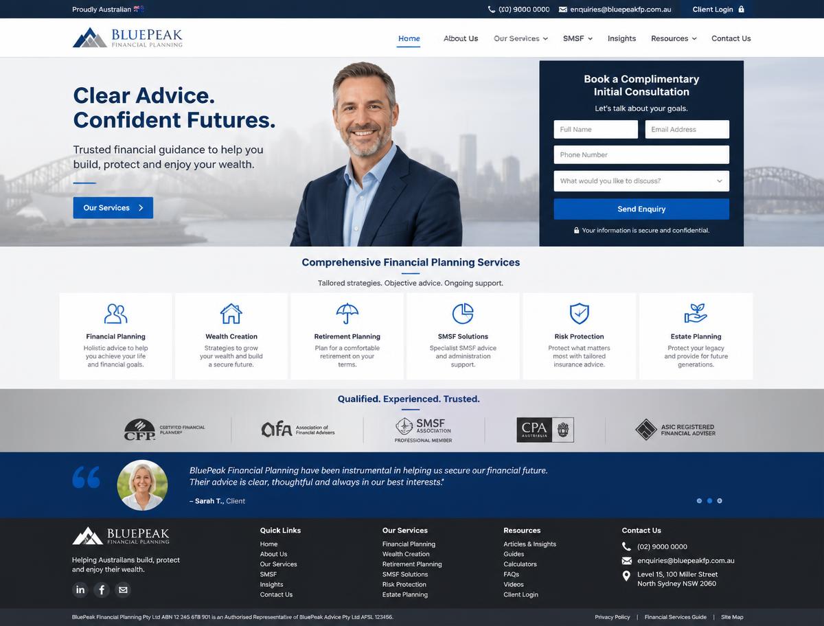 Design concept homepage for an Australian financial planning website