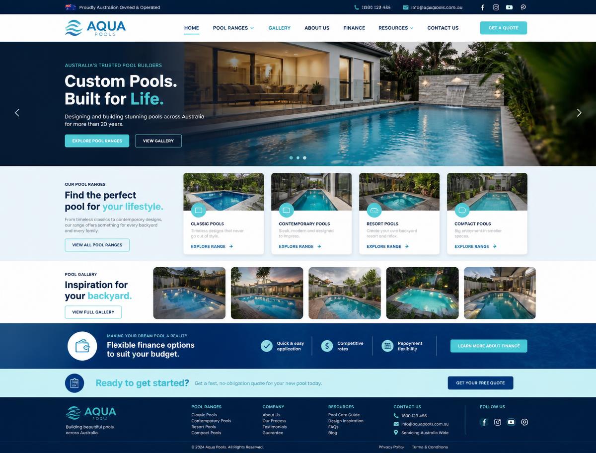 Design concept homepage for an Australian pool builder website