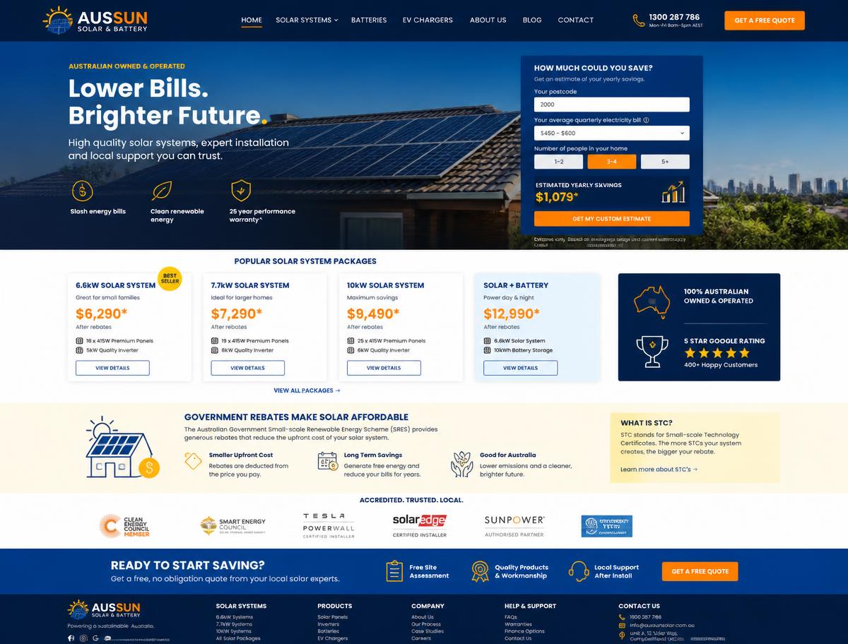 Design concept homepage for an Australian solar installer website