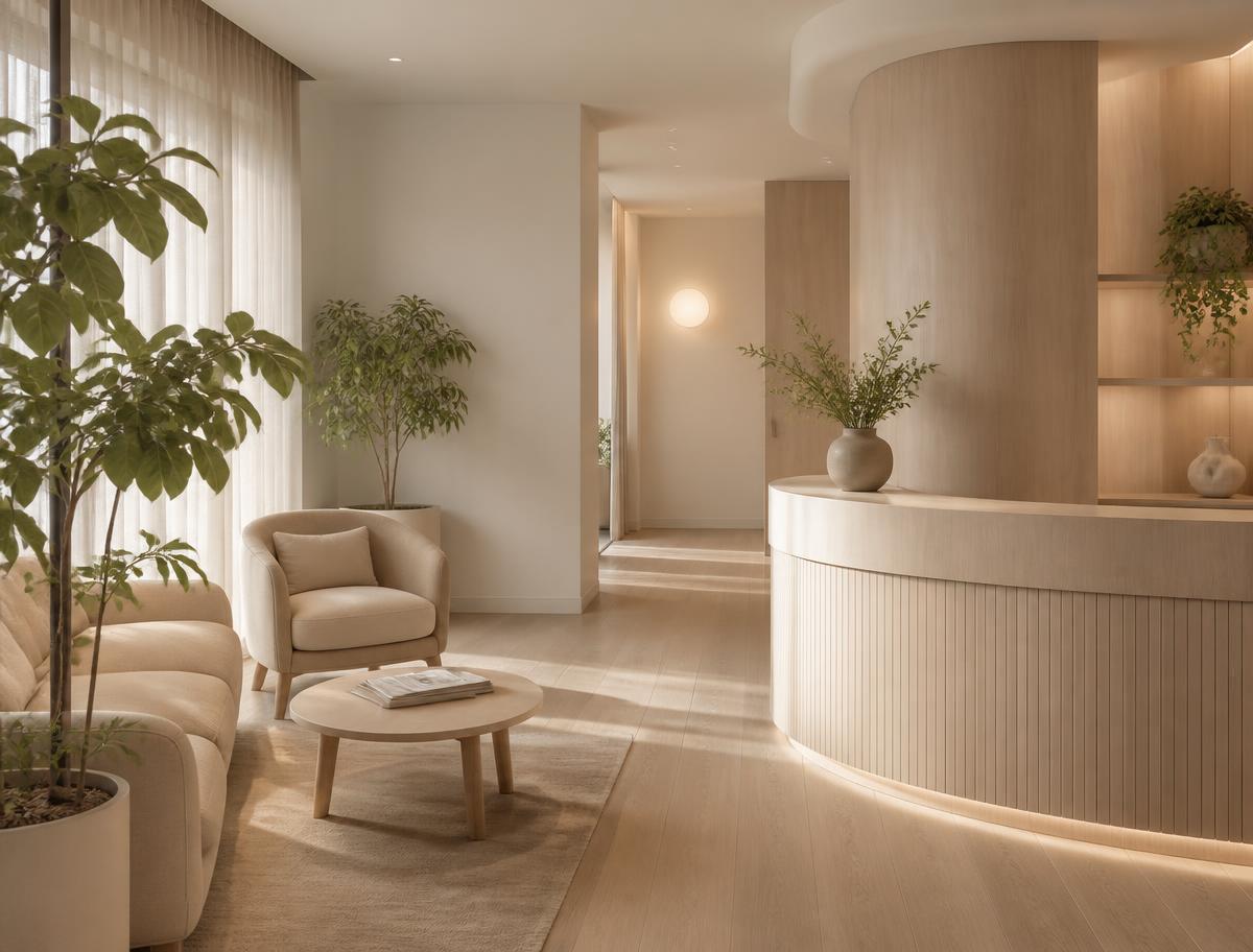 Calm allied health clinic reception with natural light