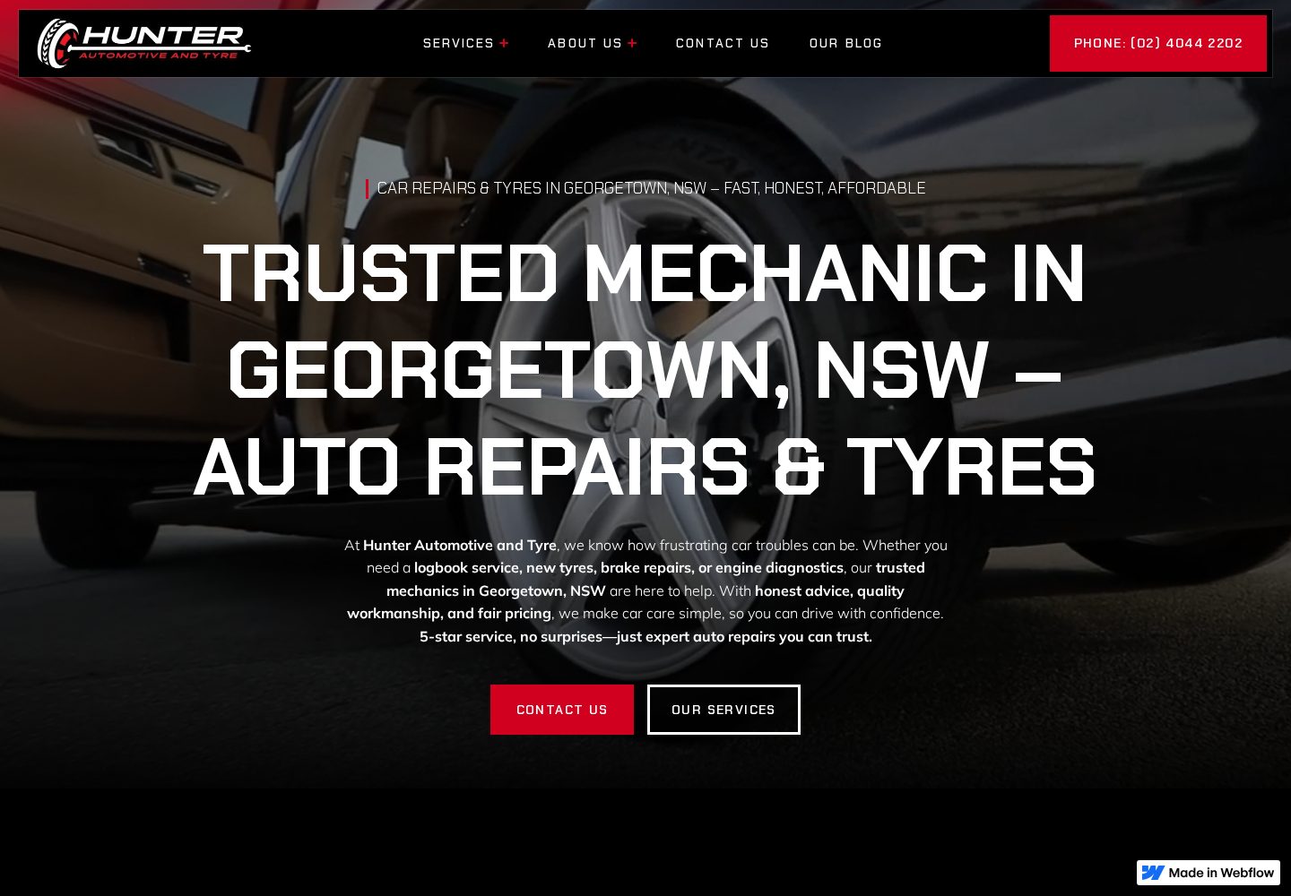 Hunter Automotive & Tyre Webflow website homepage
